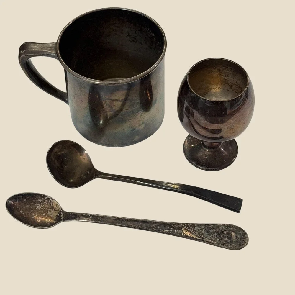 Vintage Silverplate Lot Goblet‎ Mug Spoons Mixed Silver Plated Barware Set VTG